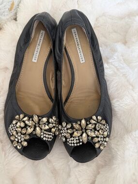 Vera Wang Lavender Black Peep-Toe Flats with Crystal Floral Embellishments